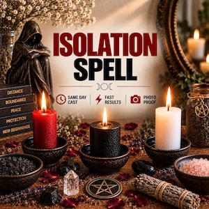 May include: A red, black, and white candle set with a statue of a hooded figure, a pentacle coin, a clear crystal, a sage bundle, and bowls of salt. The text reads ISOLATION SPELL, SAME DAY CAST, FAST RESULTS, and PHOTO PROOF with a list of words.