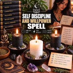 May include: Three pillar candles in black and white sit in dark bowls surrounded by small crystals and greenery. A stack of books, a framed sign, and a paper list with text including 'Build Stronger Discipline' and 'Self Discipline and Willpower Spell' are visible.