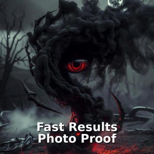 May include: A digital artwork depicting a creature composed of black smoke, with a striking red eye. The image has a dark, gothic aesthetic, with claw-like elements. The text "Fast Results Photo Proof" is visible at the bottom of the image.