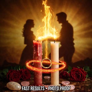 Op de afbeelding: Een mystieke afbeelding met twee brandende kaarsen, één rood en één crème, met vlammen en een gouden ring in het midden. Silhouetten van een stel op de achtergrond, met rode rozen en stenen aan de basis. Tekst: "FAST RESULTS • PHOTO PROOF."