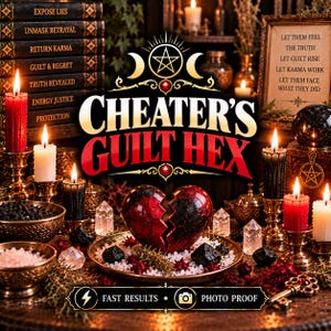 May include: A display featuring a cracked red and black heart, surrounded by white crystals, black stones, and lit candles in gold holders. Text reads: CHEATER'S GUILT HEX, FAST RESULTS, PHOTO PROOF, and a list of phrases including EXPOSE LIES and LET THEM FEEL THE TRUTH.