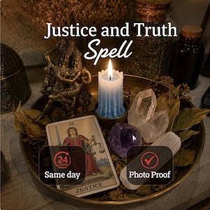 May include: A brass tray containing a Justice tarot card, a blue pillar candle, a bronze-toned figurine of two figures, a clear quartz cluster, an amethyst stone, and a selenite wand, with the text Justice and Truth Spell visible.