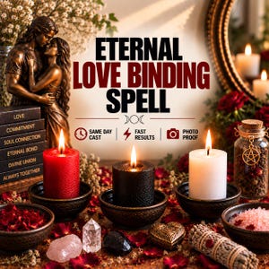 May include: A display featuring the text ETERNAL LOVE BINDING SPELL, SAME DAY CAST, FAST RESULTS, and PHOTO PROOF. Three candles in red, black, and white sit in dark bowls, surrounded by crystals, rose petals, and a glass jar with a pentacle charm.