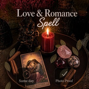 May include: A dark tray holds a red pillar candle, a Lovers tarot card, cinnamon sticks, and three crystals. The text Love & Romance Spell, Same day, and Photo Proof are visible. The scene includes a dark figurine and scattered green leaves.