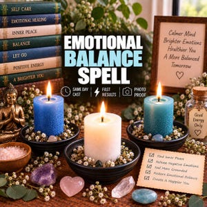 May include: Three pillar candles in blue, white, and teal sit in black bowls surrounded by small white flowers. A gold Buddha statue, a small bowl of pink salt, various crystals, and a framed sign with text about emotional balance are present.