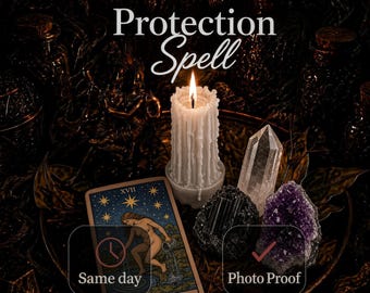 May include: A white pillar candle with a dripping wax texture, a clear quartz point, a black tourmaline cluster, and an amethyst cluster next to a Star tarot card. Text reads Protection Spell, Same day, and Photo Proof.