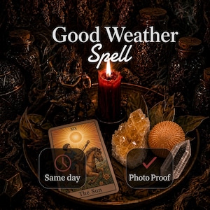 Puede incluir: Una escena oscura con una vela roja, una carta del tarot El Sol, un grupo de cristales amarillos, un objeto redondo texturizado y un cristal transparente en una bandeja. Texto: Good Weather Spell, Same day, Photo Proof.