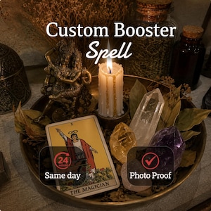 May include: A brass bowl containing a white candle with dripping wax, a bronze-toned figurine of two figures, a clear quartz point, a yellow citrine, a purple amethyst, and a tarot card labeled The Magician with text Same day 24 hours.
