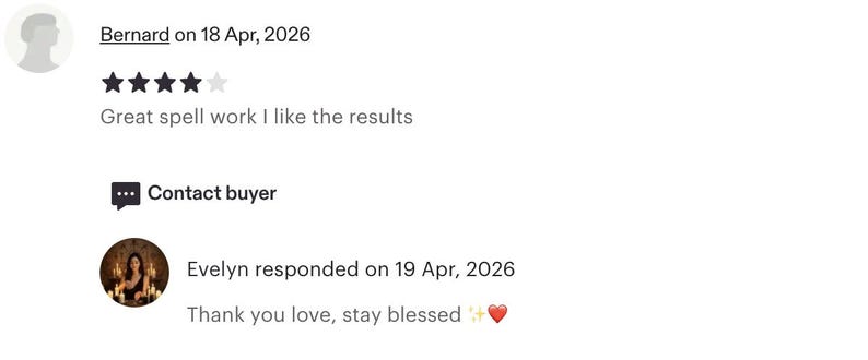 Puede incluir: Una interfaz de rese&ntilde;a de cliente digital con el nombre Bernard, la fecha 18 de abril de 2026, una calificaci&oacute;n de cuatro estrellas y el texto Great spell work I like the results. Debajo hay un bot&oacute;n de contacto y una respuesta de Evelyn.