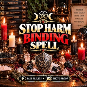 Peut inclure: Un graphique numérique avec le texte STOP HARM BINDING SPELL, entouré de bougies rouges et blanches allumées, de cristaux noirs, de quartz transparents et d'un bouclier central avec un pentagramme. Un panneau indique PROTECT YOUR ENERGY.