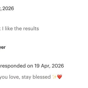 May include: A customer review by Bernard dated April 18, 2026, featuring a four-star rating and the text Great spell work I like the results. Below is a contact buyer button and a response from Evelyn dated April 19, 2026, stating Thank you love, stay blessed.
