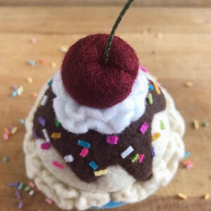 May include: A felt ice cream cone with white frosting, chocolate sauce, and colorful sprinkles topped with a red felt cherry.