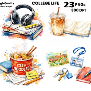 May include: A collection of watercolor clipart images titled College Life featuring headphones on books, an iced coffee with an open book, a cup of noodles with a Quiz Tomorrow note, a campus map, an ID badge, keys, and a red notebook with a pen.