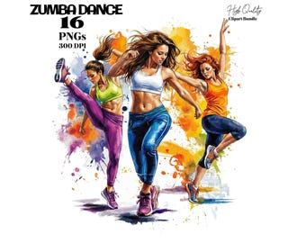Zumba Dance Clipart PNG Bundle – 16 Colorful Watercolor Dancer Transparent Clip Art