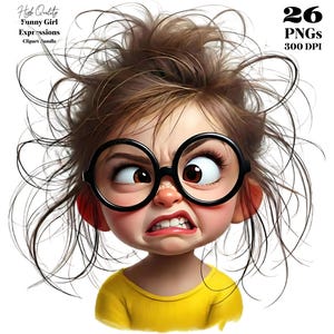 Op de afbeelding: Een cartoon illustratie van een meisje met rommelig bruin haar, een grote zwarte bril en een gele top. Haar ogen zijn gekruist en haar mond is vertrokken. De tekst bovenaan luidt "High Quality Funny Girl Expressions Clipart Bundle."