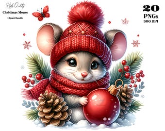 Clipart kerstmuis, 20 aquarel png-bundel, vakantiemuizenkunst, winterillustraties