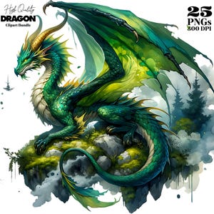 Dragon Clipart Bundle - 25 Fantasy Watercolor PNG Mythical Creatures - 300 DPI Digital Download