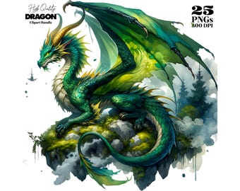 Dragon Clipart Bundle - 25 Fantasy Watercolor PNG Mythical Creatures - 300 DPI Digital Download