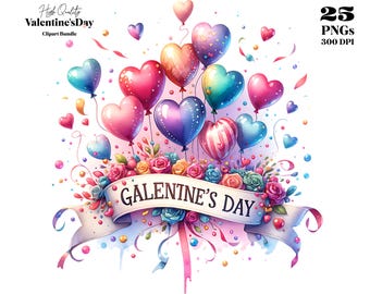 Valentine's Day Clipart Bundle - 25 Watercolor PNG Love Hearts Roses Gifts - 300 DPI - Digital Download