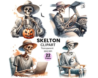 Watercolor Skeleton Clipart Bundle, Halloween Skeleton PNG, Spooky Skull Clipart, Funny Skeleton Sublimation Designs, Junk Journal