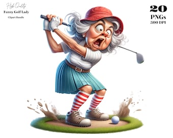 Funny Golf Lady Clipart, 20 Grandma Golfer PNG Bundle, Humorous Senior Woman Cartoon, Transparent 300 DPI Watercolor Art