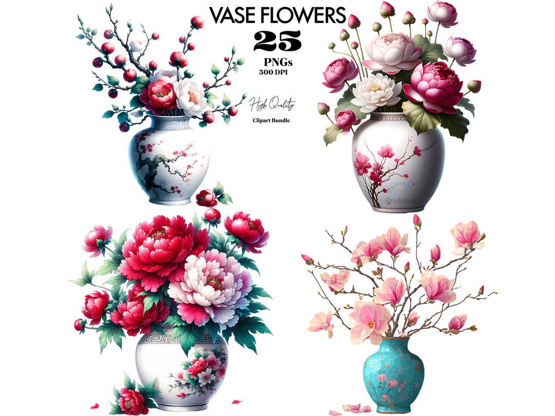 Vase Flowers Clipart Bundle, 25 Watercolor Floral PNG, Transparent ...