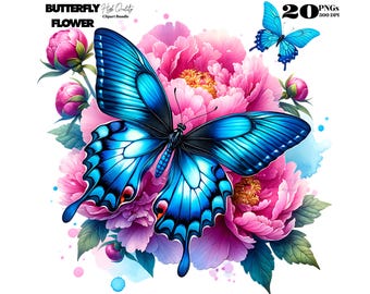 Butterfly Flower Watercolor Clipart Bundle | 25 PNG Transparent Background 300 DPI Digital Download