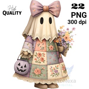 May include: A whimsical ghost figure with a patchwork dress adorned with floral patterns, holding a bouquet and a jack-o'-lantern bucket. The ghost wears a large bow and a lace-trimmed veil. The image includes the text "High QUALITY" and "22 PNG 300 dpi".