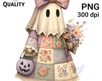 Patchwork Ghosts Clipart Bundle: Cottagecore Halloween PNGs (Digital Download)