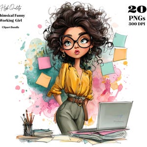 以下が含まれることがあります： カールした黒髪の女性、メガネ、黄色のブラウス、灰色のズボンを描いた水彩イラスト。画像には、ラップトップ、付箋、テキスト「Whimsical Funny Working Girl Clipart Bundle」が含まれています。