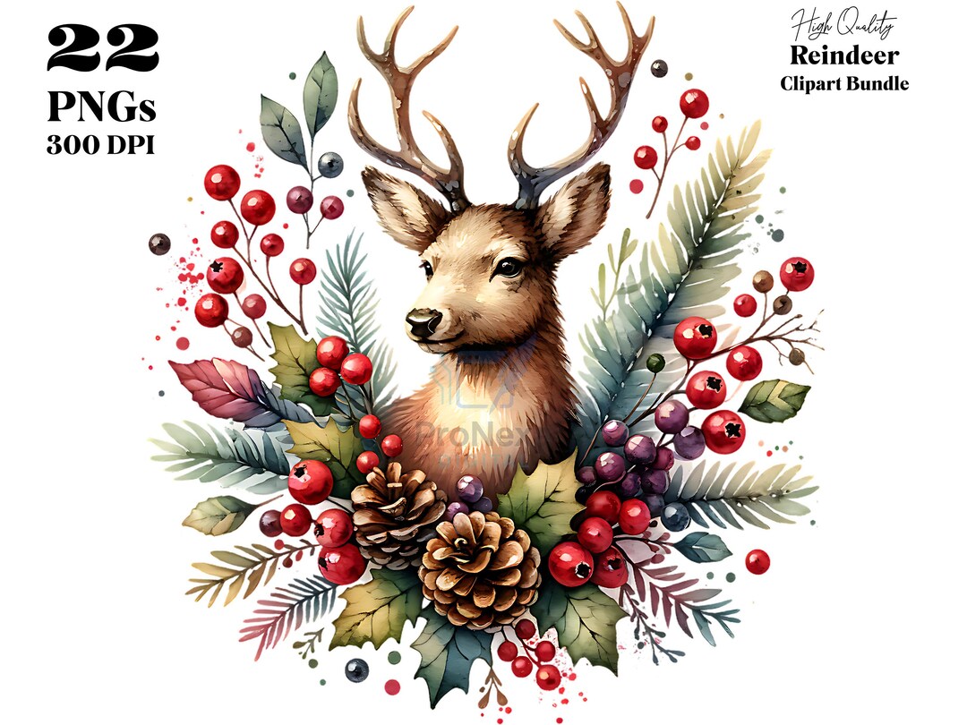 Reindeer Christmas Clipart Bundle | 22 Cute PNG Images | Holiday ...