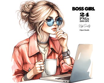 Clipart aquarelle fille patron - 24 illustrations de mode pour organisateurs, image de marque et réseaux sociaux - Bundle PNG de femme qui travaille - usage commercial