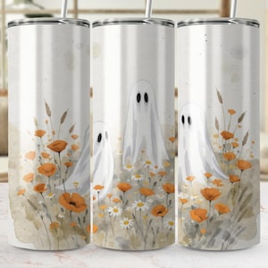 Spooky Ghost Tumbler Wrap, Halloween Floral Tumbler PNG, Fall Flower Sublimation Designs, Watercolor Ghost Digital Download