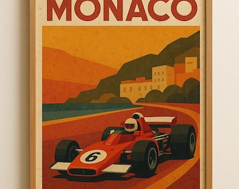 May include: Framed vintage-style poster featuring a red race car with the number 6 speeding along a track in Monaco. The poster has a retro design with the word "MONACO" at the top, and a scenic background of the coastline and buildings.