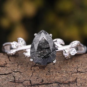 Natürliche inspiriert Schwarz Rutilquarz Hochzeit Ring Blatt Rebe Band Ring Einzigartige Versprechen Hochzeit Ring Weißgold Ring für Frauen Pear Cut Ring