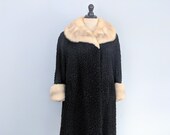 Vintage 50s Black Persian Lamb Coat With Mink Collar, 1950s Black Fur Coat