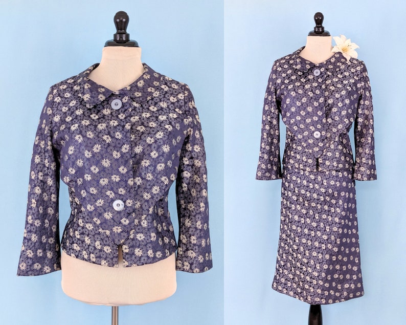 Vintage 60s Two Piece Skirt Suit Vintage 1960s Floral Brocade Women/'s Suit