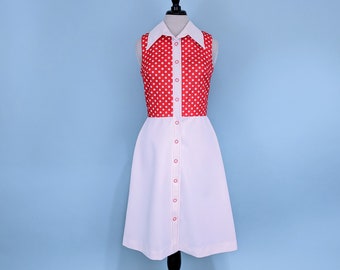 Vintage 70er Jahre Mod Red Polka Dot Day Kleid, 1970er Jahre Retro Kleid mit Kragen und Kragen