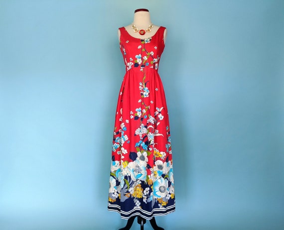 Vintage 70s Victor Costa Red Floral Maxi Dress, 1… - image 2