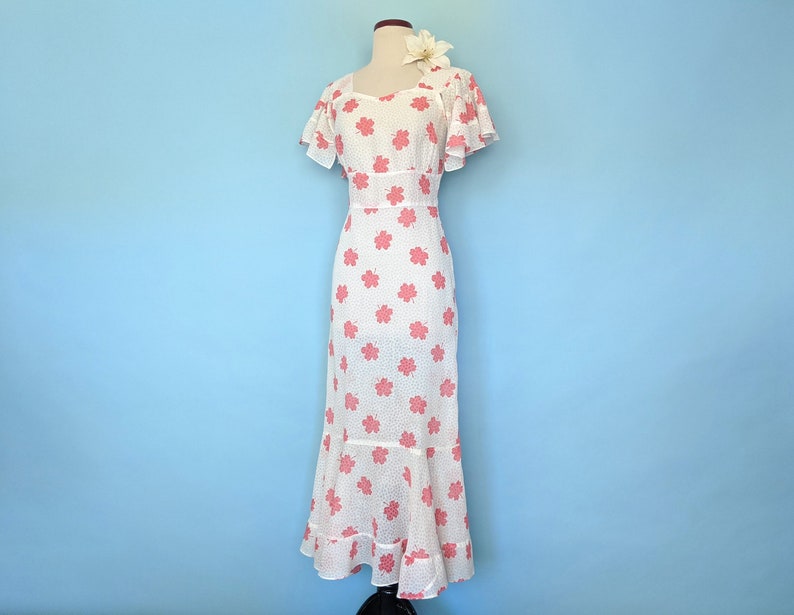 Vintage 1930s Flutter Sleeve Floral Day Dress, Vintage 30s Art Deco Romantic Cotton Sundress, 1930s Pink and White Gown image 3