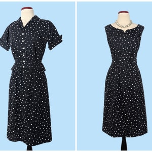 Vintage 1950s Black Polka Dot Day Dress Set, Vintage 50s Wiggle Dress with Cropped Jacket image 1