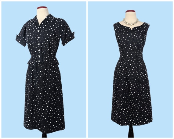 Vintage 1950s Black Polka Dot Day Dress Set, Vint… - image 1