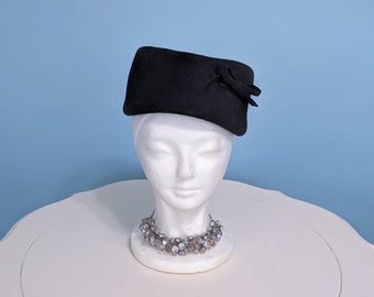 Vintage 1950s Pillbox Cocktail Hat, Vintage 50s Black Felted Wool Evening Party Hat