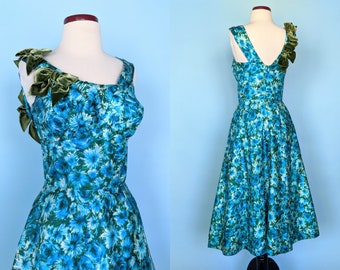 Vintage 1950s Blue Floral Silk Dress with Velvet Bows, 1950s Evening Party Dress