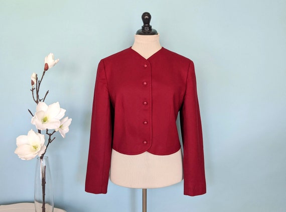 Vintage 80s Red Wool Blazer, 1980s Cropped Jacket - image 1