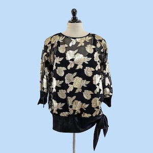 Vintage 80s Glam Party Blouse, 1980s XL Metallic Evening Top