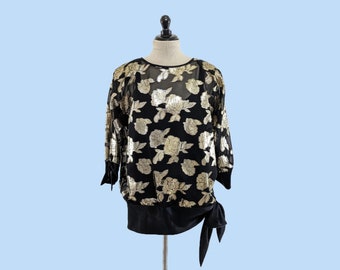 Vintage glamourpartyblouse jaren 80, XL metallic avondtop jaren 80