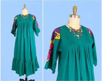 Vintage 80s Teal Floral Boho Mumu Vestido, Vintage 1980s Loose Fit Vestido de cambio de algodón