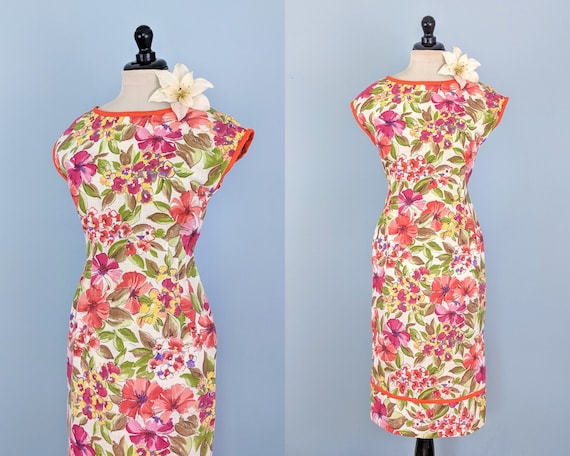 Vintage 60s Floral Cotton Wiggle Dress, 1960s Hour