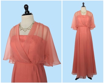 Vintage 70s Peach Boho Maxi Dress, 1970s Floor Length Chiffon Evening Gown